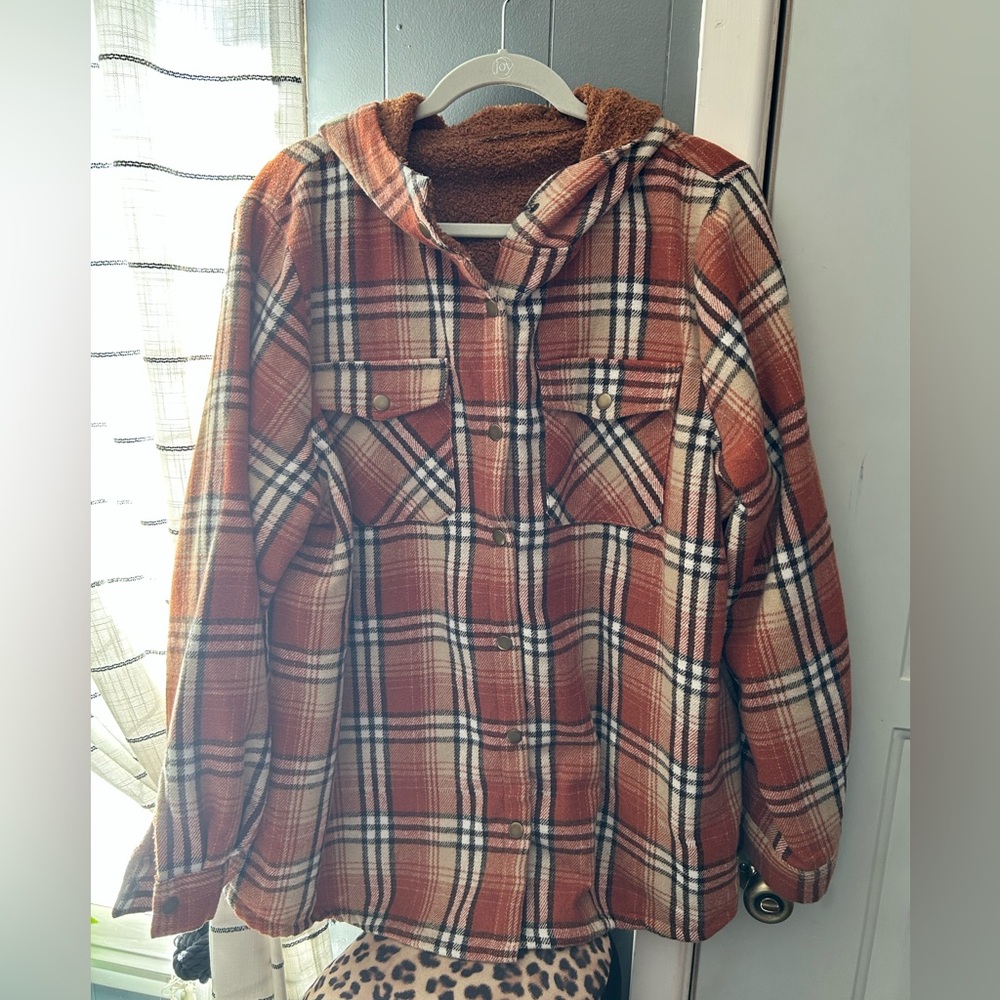 Orange Plaid Sherpa-Lined Hooded Utility Jacket - Picture 3 of 11